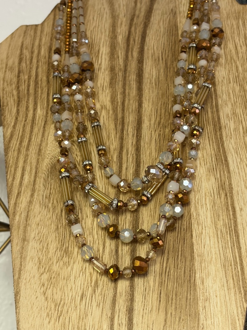 Boho Multi-Strand Gold and Crystal Beaded Necklace - Brand Unspecified